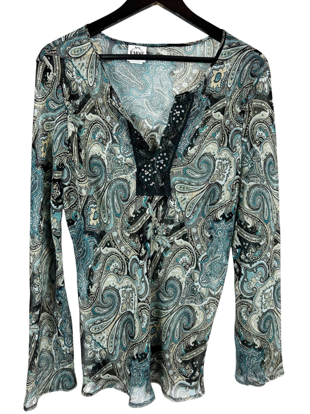 Tailor B. Moss Teal Black Paisley Long-Sleeve Blouse
